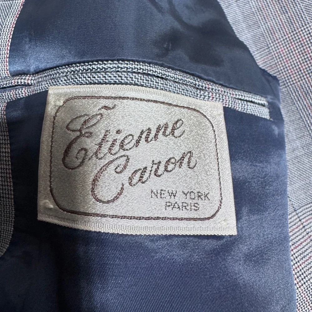 Etienne Caron 3-Piece Suit Mens 46R W38 Gray Plaid Vintage Wool Blend 2-Button